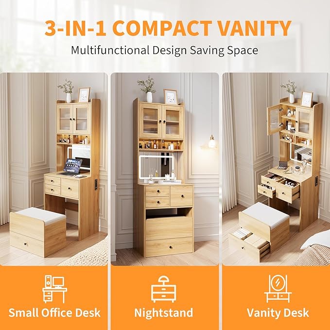 3-in-1 Make Up Vanity Desk with Mirror & Lights, Compact Vanity Table with Drawers, Storage Compartment and Rolling Stool, Modern Small Makeup Vanity and Storage Chair for Bedroom, Powder Room
