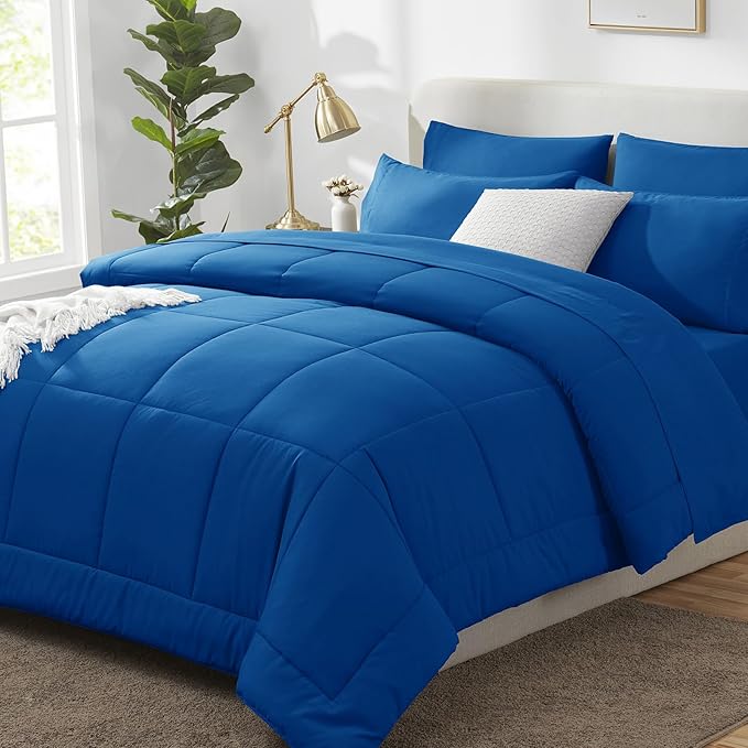 CozyLux Queen Comforter Set Classic Blue, 7 Pieces Bed in a Bag, Blue Comforters Queen Size, All Season Bedding Sets with Stitch Quilted Comforter, Flat Sheet, Fitted Sheet, Pillowcases