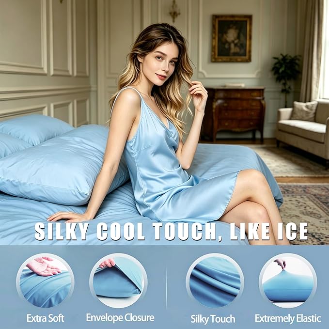 TELUS Cooling Pillowcases King Size 2-Pack, Silky Soft Breathable Pillow Case with Envelope Close, Stay Cool Pillow Cover for Hot Sleepers and Night Sweats, 20x36 Inch, Sky Blue