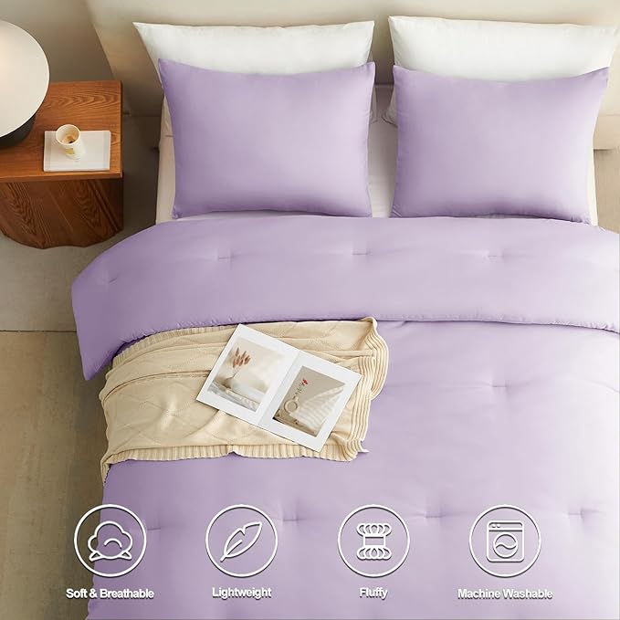 CozyLux Lavender King Size Comforter Set, 3 Pieces Light Purple Solid Breathable Quilted Bedding Sets, Luxury Fluffy Soft Bed Set with Down Alternative Comforter and 2 Pillowcases for All Season
