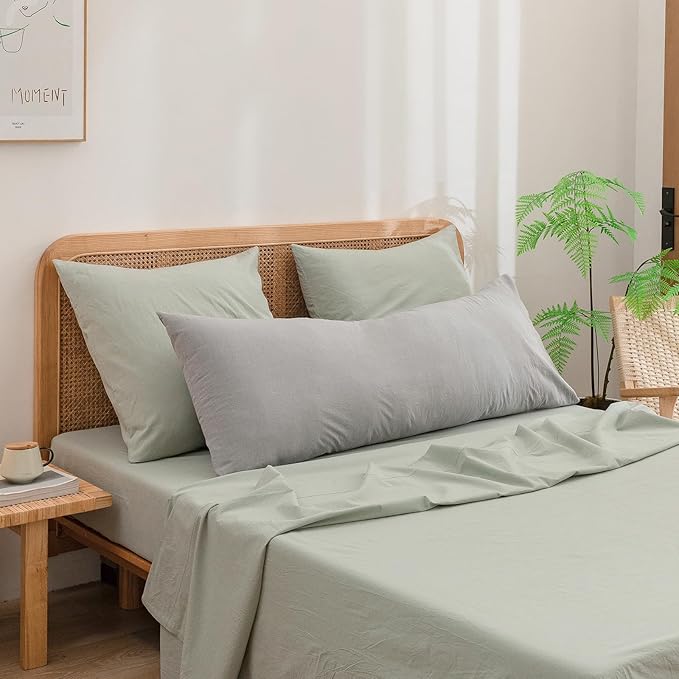 BESTOUCH 100% Washed Cotton Pillowcase for Hair and Skin Linen Feel Soft Comfortable Breathable 2 Set Pillow Case with Envelope Closure Solid Sage Green Euro 26x26 Inches