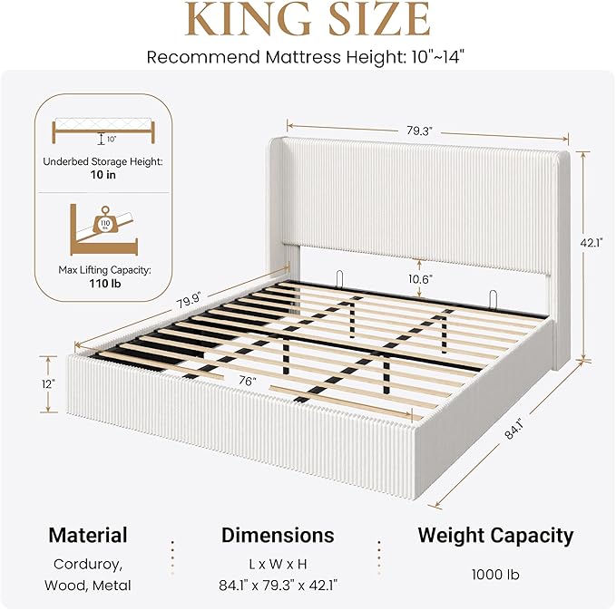 SHA CERLIN King Size Lift Up Storage Bed Frame, Modern Upholstered Wingback Headboard, Hydraulic Support & Underneath Storage, Soft Corduroy Fabric Platform Bed, No Box Spring Needed, White