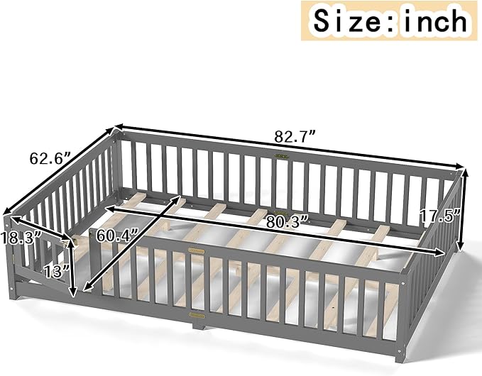 Bellemave Queen Floor Bed Frame with Rails and Door, Solid Wood Montessori Queen Size Floor Bed, Low Profile Montessori Beds with Removable Slats, Grey