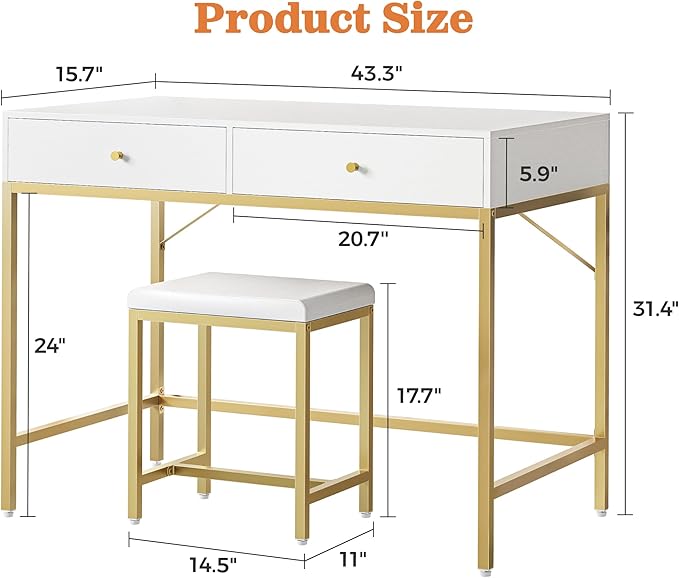 SUPERJARE 43-inch Modern White & Gold Desk - 2 Drawer Vanity, Computer & Home Office Study Desk for Writing & Bedroom
