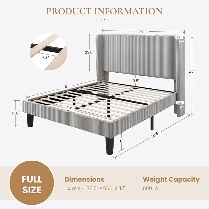 SHA CERLIN Full Size Corduroy Upholstered Platform Bed Frame with Vertical Channel Tufted Wingback Headboard, 8" Under Bed Storage, Wooden Slats & Metal Frame Support, Easy Assembly, Light Grey