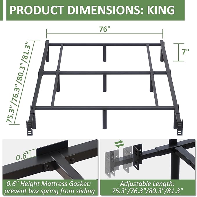 King Metal Bed Frame, 7 Inch Low Heavy Duty Platform Bed Frames King Size for Box Spring and Mattress, Easy Assembly, Noise-Free, Adjustable, Black