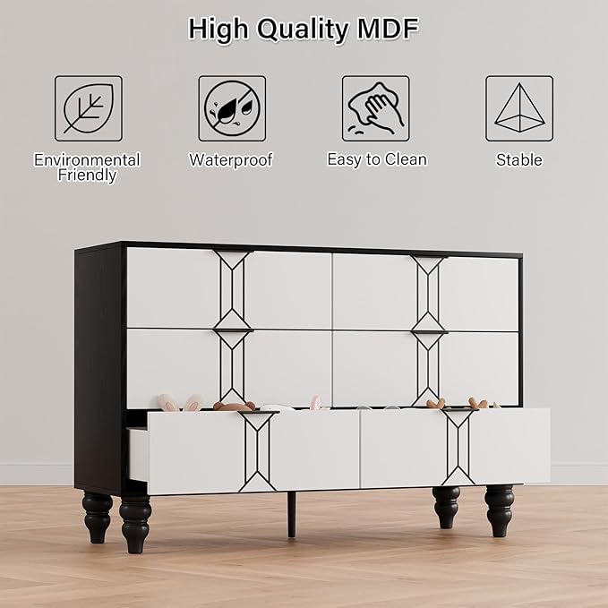 IDEALHOUSE Modern Wooden 6 Drawer Dresser with Vintage Pattern Design, Chest Dresser with Deep Drawers for Bedroom, Living Room and Entryway, Black and White