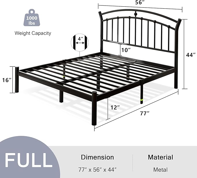 Einhomn Full Size Bed Frame, Black Metal Bed Frame with 12' Under-Bed Storage, Heavy Duty Steel Slat Support, No Box Spring Needed, Noise-Free, Easy Assembly