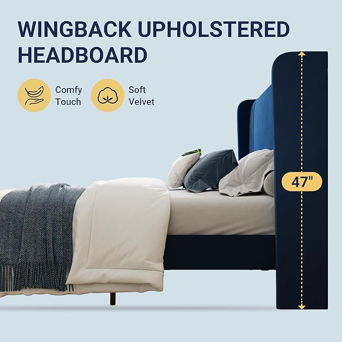 Allewie King Size Velvet Platform Bed Frame with Vertical Tufted Wingback Headboard, Easy Assembly, Under Bed Storage, No Box Spring Required, Modern Style, Blue