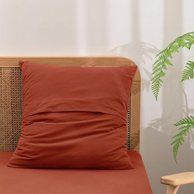 BESTOUCH 100% Washed Cotton Pillowcase for Hair and Skin Linen Feel Soft Comfortable Breathable 2 Set Pillow Case with Envelope Closure Solid Burnt Brick Red Euro 26x26 Inches