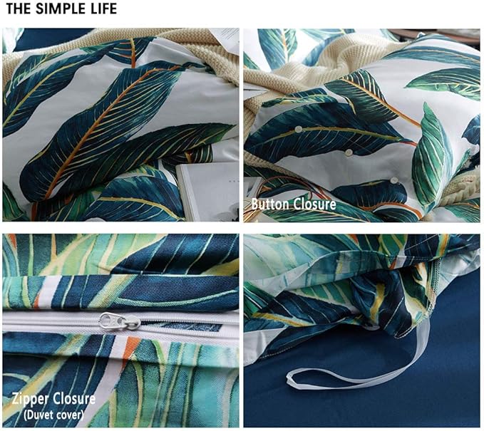 VM VOUGEMARKET Leaves Duvet Cover Set Queen,3 Piece Soft Premium Cotton Green Tropical Palm Tree Comforter Cover with Zipper Closure,Botanical Bedding Set Queen