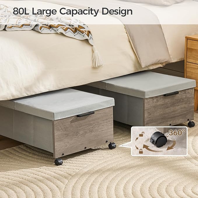 FOUCSSOMEI Under Bed Storage with Wheels, Bigger Size, Under Bed Drawers Heavy Duty, 2 Packs, Wooden Under Bed Storage Containers Organizer, Metal Frame, Patented Design
