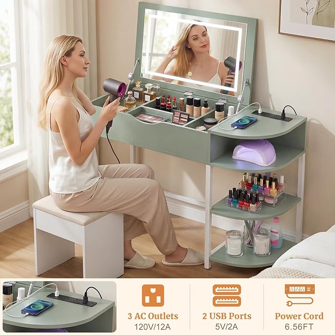 Cyclysio Vanity Desk with Flip Top Mirror and Lights, Makeup Vanity Desk with Drawers, Dressing Table with Storage Shelves & Charging Station, Small Vanity for Small Spaces, Green