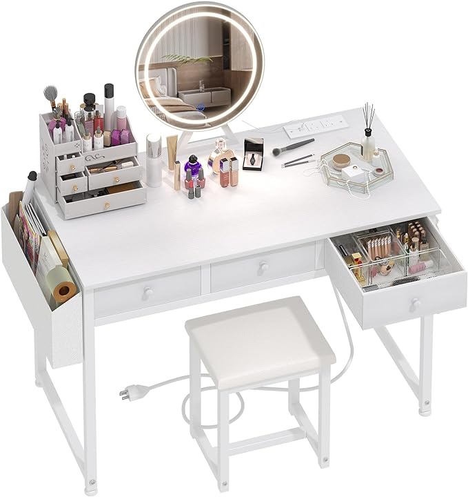 Lufeiya White Makeup Vanity Desk with Mirror and Lights, 40 inch Make Up Vanity Desks with Drawers & Power Outlet, Dressing Table and Chair Set for Girls Bedroom, White