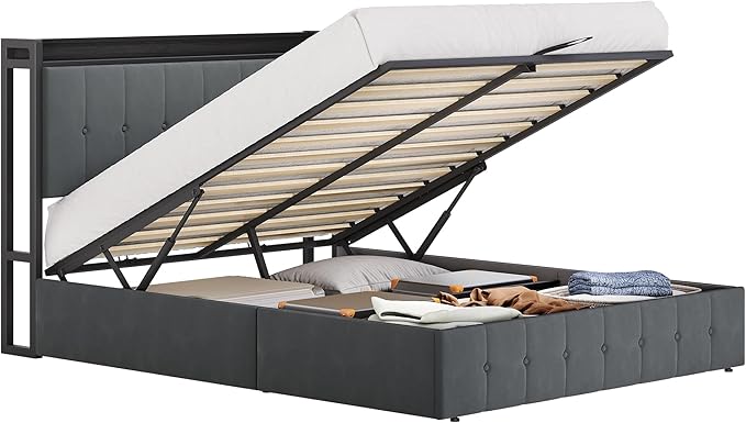 Garvee Full Size Lift Up Storage Bed, Upholstered Velvet Bed Frame with Storage Headboard, Metal Platform Bed, No Box Spring Needed, Solid Wooden Slats, Noise Free, Grey