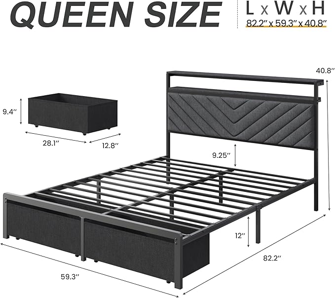 HISOFT Queen Bed Frame with Charging Station, LED Lights & 2 Storage Drawers, Grey Platform Bed with Upholstered Headboard, Under-Bed Storage, No Box Spring Needed, Easy Assembly, Strong Support