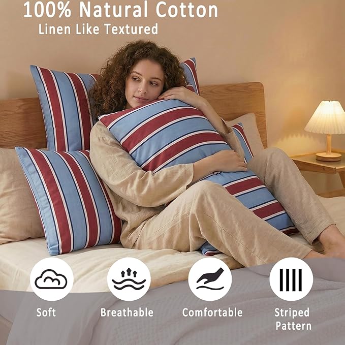 Merryword Striped Body Pillow Cover 20x54inches, 100% Cotton Long Pillowcase, Burgundy and Blue Striped Pillowcase, Soft Breathable Stripe Pillowcase, 1-Piece