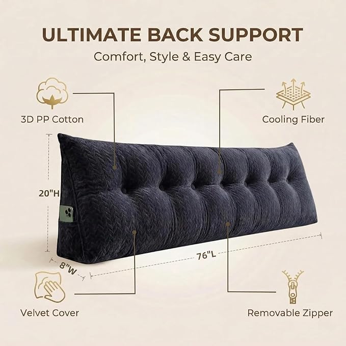 Headboard Pillow King Size, Reading Pillow for Bed, Leaf Pattern Wedge Pillow, Tufted Backrest Support, Headboard Substitute, Darkgray