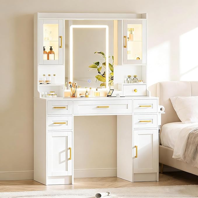 KAMABOKO White Vanity Desk with Mirror and Lights, Makeup Vanity with 2 Clear Glass Display Cabinets and 2 Large Drawers, 3 Lighting Color Adjustable, Girls Dressing Table for Bedroom