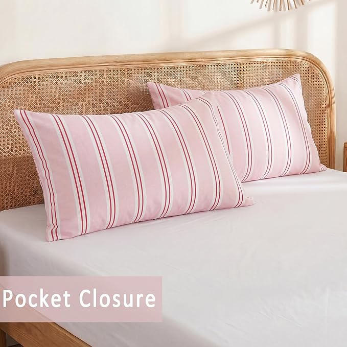 Merryword Queen Size Pillowcases, 100% Cotton Pillow Cases, Pink Striped Pillowcases, Soft Breathable Ribbon Stripe Pillow Covers, Set of 2