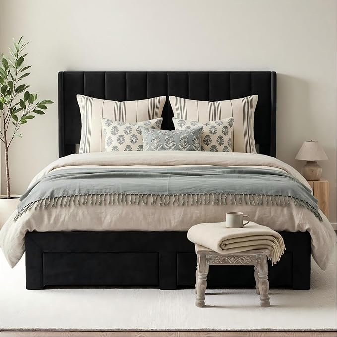 Garvee Full Size Bed Frame, Velvet Upholstered Bed Frame with Wingback Headboard, 2 Storage Drawers, No Box Spring Needed, Black