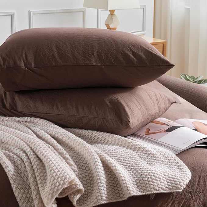 NEXHOME PRO Twin Duvet Cover Set – 100% Certified Organic Cotton with Washed Feel & Linen-Like Texture, Comfortable & Breathable, Home Bedding Set Dark Brown (No Comforter)