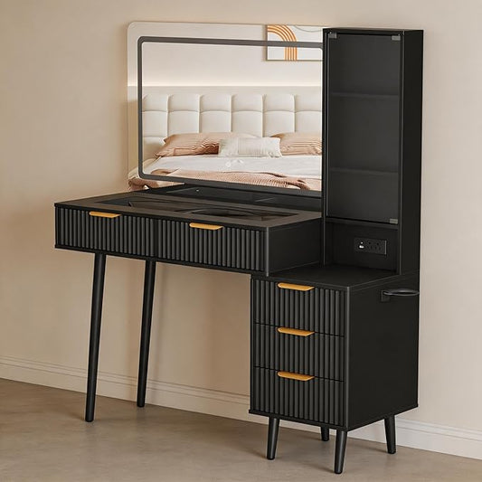 Garvee 48" Fluted Makeup Vanity Desk with Mirror and Lights, Glass Top Vanity Table with 5 Drawers, Open Shelf and Power Outlet, Modern Dressing Table for Bedroom and Living Room