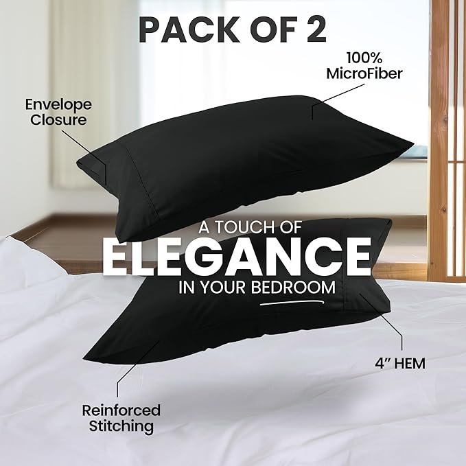 Utopia Bedding Standard Pillow Cases - 2 Pack - Envelope Closure - Soft Brushed Microfiber Fabric - Shrinkage and Fade Resistant Pillow Covers Standard Size 20 X 26 Inches (Standard, Black)