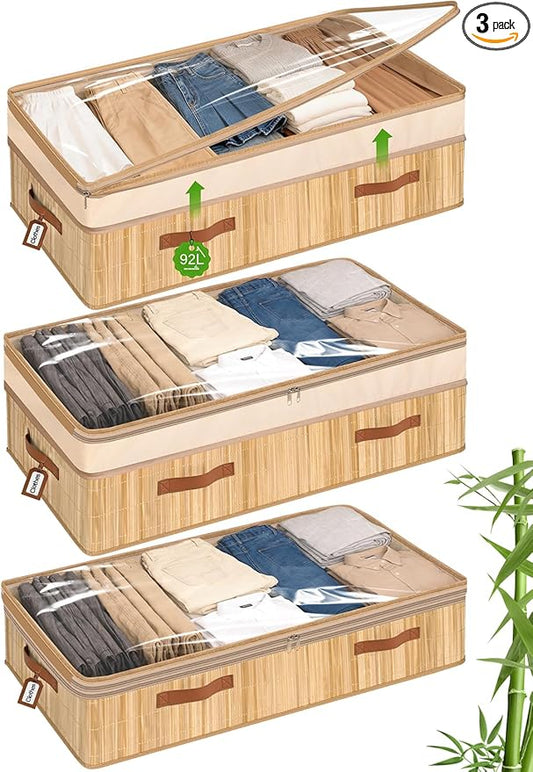 Livole 3 Pack Bamboo Under Bed Storage, 6-10 inches Height Adjustable Underbed Storage Containers, 92L XXXL Large Under Bed Storage Bins with Clear Lid & Label for Clothes, Blankets, Sweater, Shoes