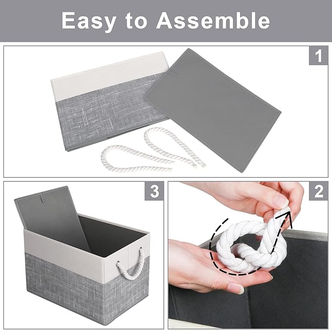 Fab totes Storage Bins 2-Pack, Foldable Storage Baskets for Organizing Toys, Books, Shelves, Closet, Large Storage Box with Rope Handles, Sturdy Organizer Bins, White & Grey