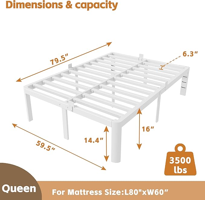 16 Inch Bed Frame Queen Size with Metal Gaskets, Heavy Duty Queen Platform Bed Frame No Box Spring Needed, DIY Headboard, Anti-Slip Mattress Stopper, Round Corner Leg, Easy Assembly, White