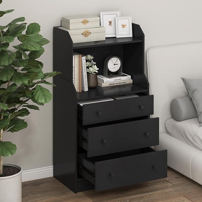 Tall 3 Drawers Dresser, Wood Chest of Drawers with 2 Open Shelves, Modern Nightstand with Anti-Toppling Device, Home Storage Cabinet Dresser Closet for Bedroom, Living Room, Entryway (Black)