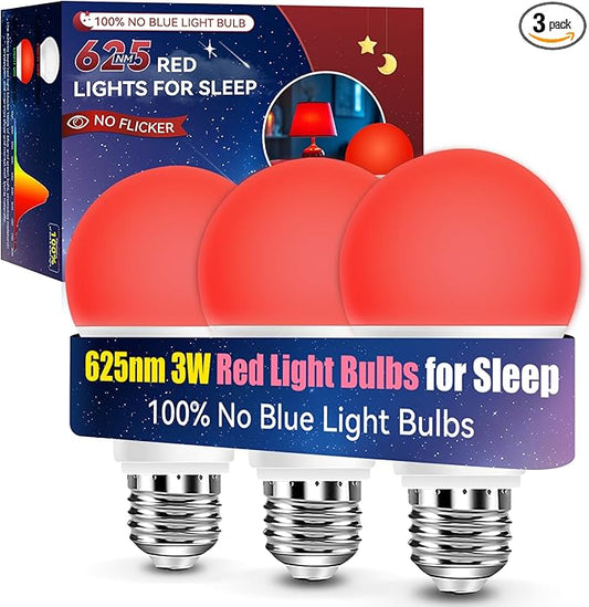 Neporal 3W 625nm Red Light Bulbs for Sleep, 100% Blue Light Blocking Bulb, Red Light Night Light for Melatonin Promoting, A19 40W Equivalent Dim Light Bulbs for Bedroom, Baby Nursery, 3 Pack