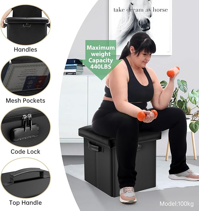 DocSafe Storage Ottoman with Lock,Fireproof Folding Ottoman Foot Rest Stool Storage Chest with Storage Safe for Important Documents,Waterproof 13 Inches Short Ottoman Foot Stool with Handles,Black