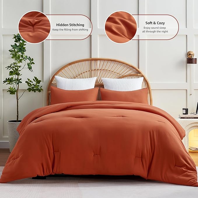 CozyLux Twin Comforter Set Terracotta, 2 Pieces Twin Extra Long Solid Breathable Bedding Set for College Dorm, Twin XL Burnt Orange Luxury Soft Bed Set with Down Alternative Comforter and 1 Pillowcase