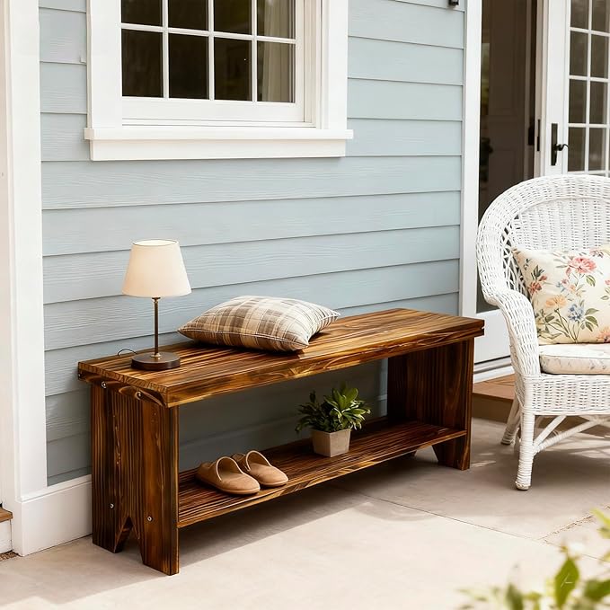 43" Solid Wood Farmhouse Bench, Entryway Bench with Storage Shelf, Vintage Long Rustic Indoor Bench for Bedroom, Entryway, Hallway, Dining