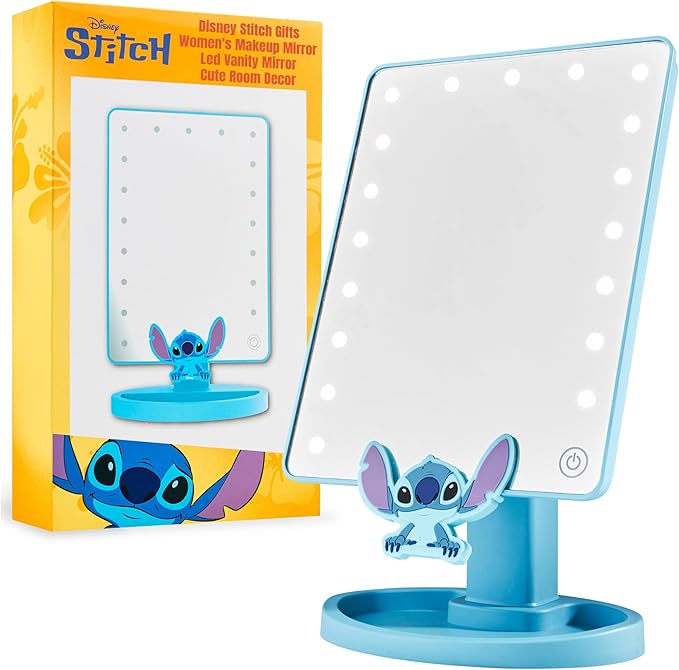 Disney Stitch Vanity Mirror for Girls, Teens, Women with Trinket Tray, LED Table Mirror, Touch Screen, Light Make Up, Gifts for Women (Blue)