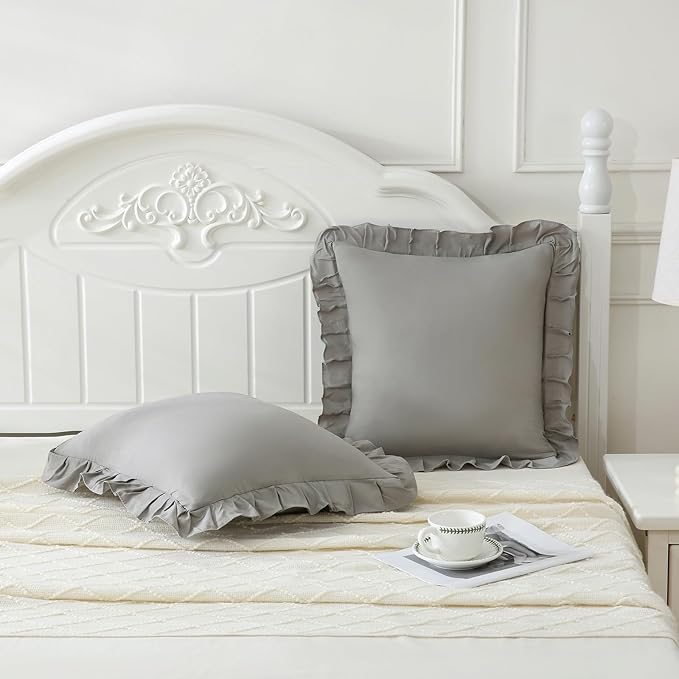Merryword Light Gray Pillowcases 18x18 Throw Pillow Covers Pack of 2 Soft Microfiber Ruffle Decorative Pillowcase Cushion for Couch Sofa Bedroom