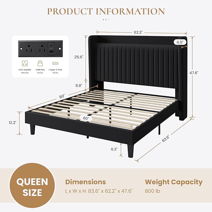 SHA CERLIN Queen Size Velvet Bed Frame with USB Charging Station, Wingback Storage Headboard, Upholstered Platform Bed with Wooden Slats Support, No Box Spring Needed, Easy Assembly, Black
