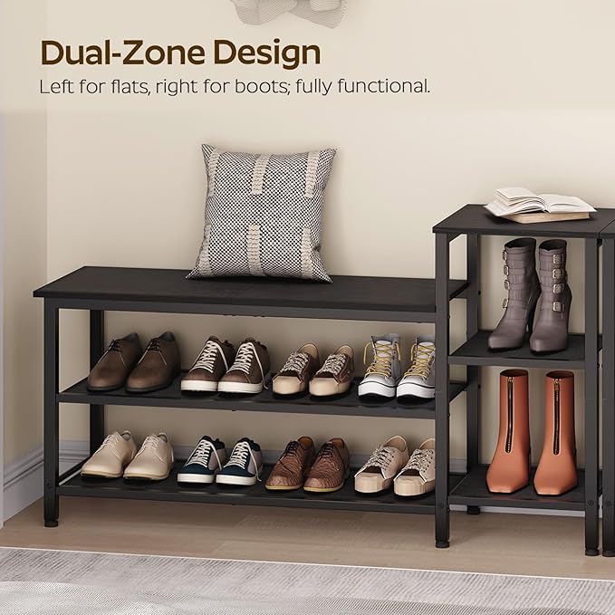 YATINEY 3-Tier Shoe Rack Bench, Wooden Shoe Storage Bench, Industrial Entryway Bench with Storage, Multi-Functional Shoe Rack with Seat for Bedroom, Hallway, Living Room, Black HX05BB