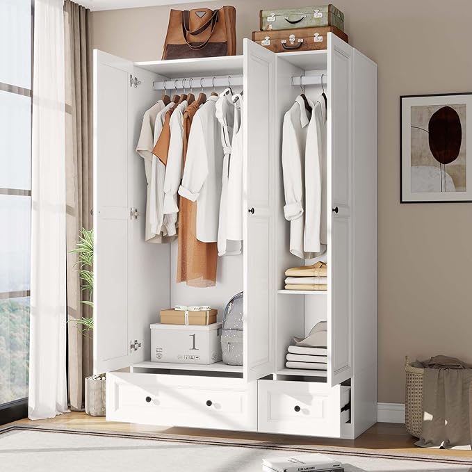 Armoire Wardrobe Closet with Drawers: 74" White Tall Wooden Wardrobe Closet for Hanging Clothes, Large Bedroom Armoires with 2 Drawers, 3 Door Armoire Storage Cabinet (White, 47")