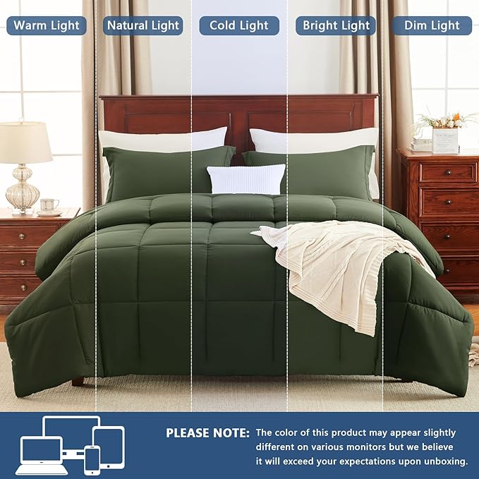 CozyLux Oversized King Comforter Set, 270GSM Olive Green Bedding Sets for All Seasons, 3 Pieces 120x98 Bed Set with 1 Down Alternative Comforter and 2 Pillow Shams, Soft, Lightweight, Breathable