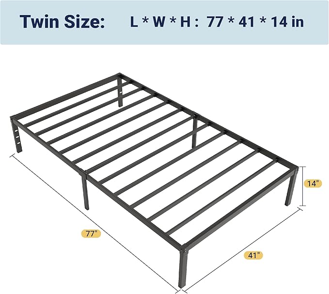 Allewie Twin Bed Frame, 14 inch Metal Platform Beds with Storage Space, No Box Spring Needed and Easy Assembly, Black