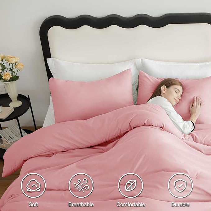 CozyLux Queen Comforter Set Pink, 3 Pieces Solid Comforters Queen Size Breathable Quilted Bedding Sets, Luxury Soft Lightweight Bed Set with Down Alternative Comforter and 2 Pillowcases All Seasons