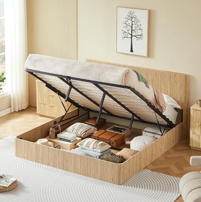 Bellemave King Size Lift Up Storage Bed, Oak Wood Lift Up Bedframe King, Wooden Corrugated Curved Lines, Hydraulic Storage,Oak