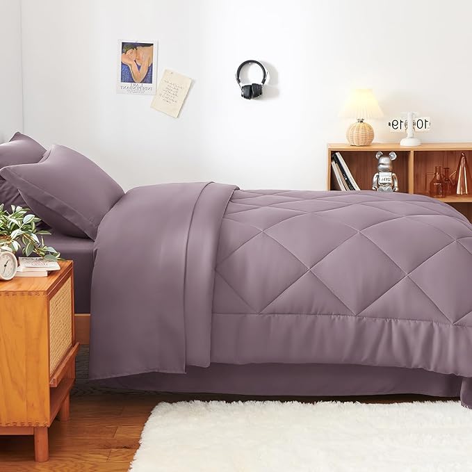CozyLux Twin XL Comforter Set Dusty Purple - 5 Pieces Twin Extra Long Bed in a Bag for College Dorm, All Season Bedding Set for Girls and Boys, Soft Bed Set with Comforter, Sheets, Pillowcase & Sham