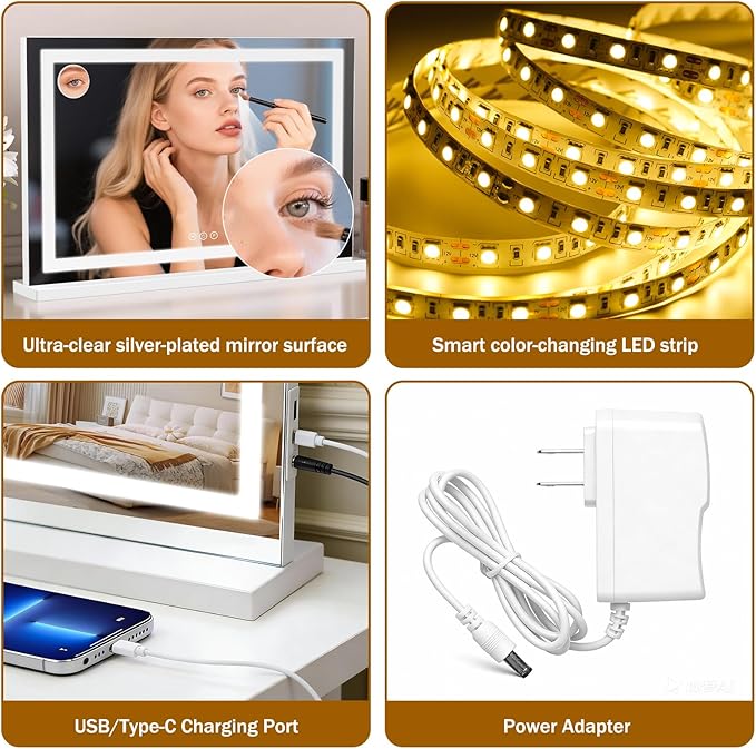 Vanity Mirror with Lights 32"x20", LED Makeup Mirror, 3 Color Lighting Modes, 10X Magnification, Smart Touch Control, Dimmable, Aluminum Metal Frame, Lighted Up for Vanity Desk (White)