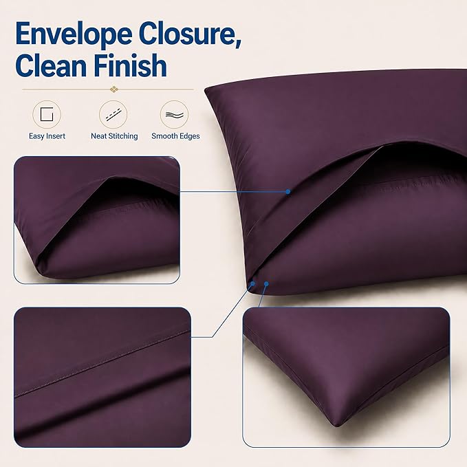 ZPECC Pillow Cases Standard Size Set of 4, 20x26 Envelope Closure Pillowcases, Soft Plain Brushed Microfiber Covers Hypoallergenic Breathable, Dark Purple