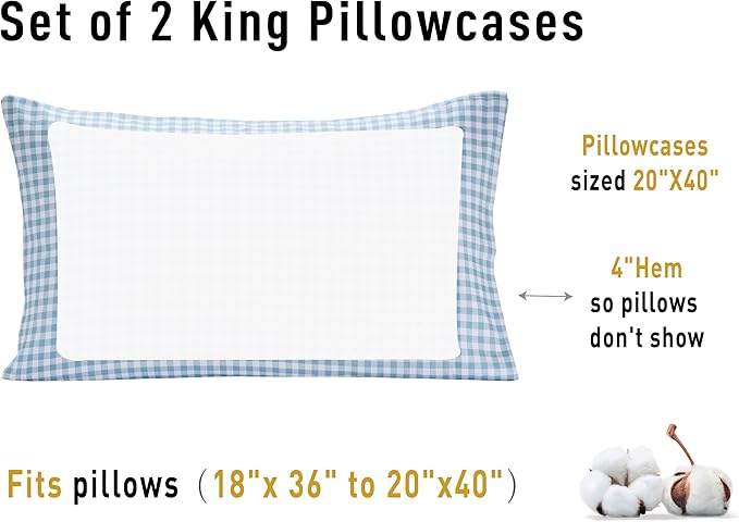 Sunflower King Pillowcases Set of 2, 100% Cotton King Size Pillow Cases 2, 20×40 inches Glacier Check, Soft and Breathable