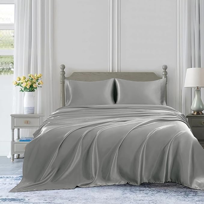 Homiest 3pcs Satin Sheets Set Luxury Silky Satin Bedding Set with Deep Pocket, 1 Fitted Sheet + 1 Flat Sheet + 1 Pillowcase (Twin Size, Light Grey)